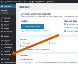 WordPress beállítások a vezérlőpulton.